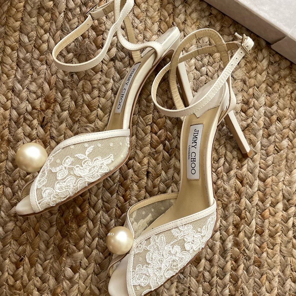 Jimmy Choo Sacora 85 Ivory Floral Lace Sandals with Pearl Detail